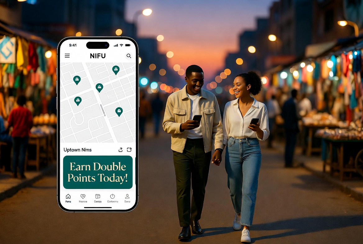 Couple using NIFU app walking in Nairobi